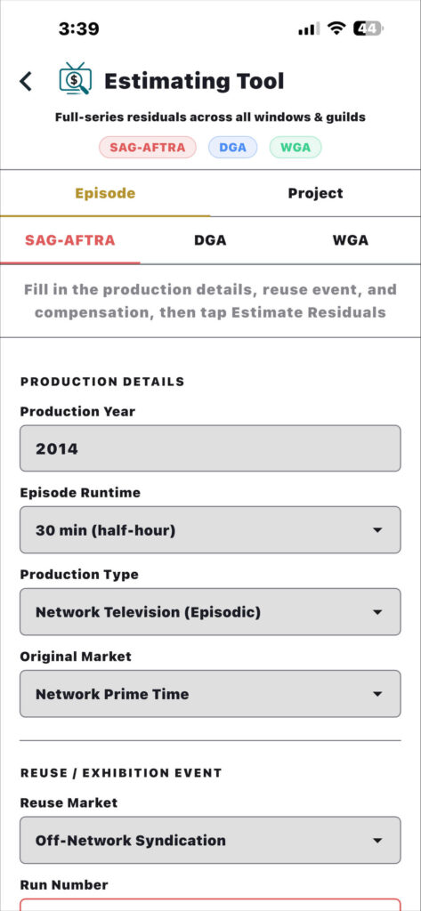 SyndiTrack app Residuals Estimate screen